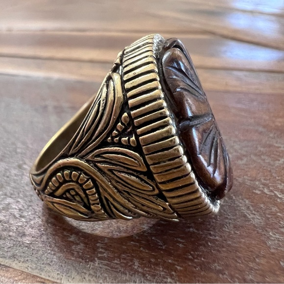 Studio Barse Carved Flower Ring in Antique Gold and Brown - Picture 3 of 11